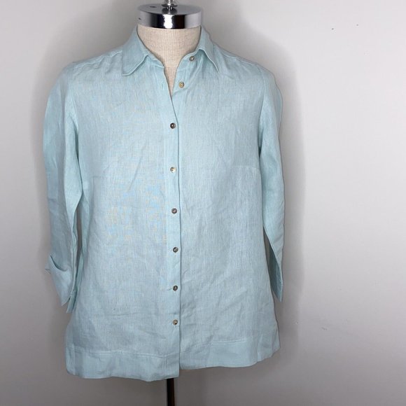I Linen Women Shirt Green Top Button Down M Tunic 3/4" sleeve Lifestyle Pockets - Picture 1 of 6